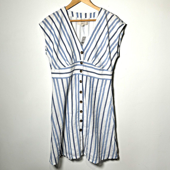 Loft NWT Striped Button Flare Dress Women’s Size 8 Blue Vertical Stripe - Picture 1 of 6